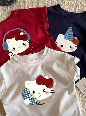 女童短袖纯棉t恤儿童宝宝卡通helloKitty2026夏季新款洋气上衣服
