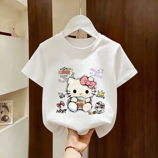 纯棉白色女童短袖t恤2026新款夏季女孩卡通hellokitty猫半袖上衣