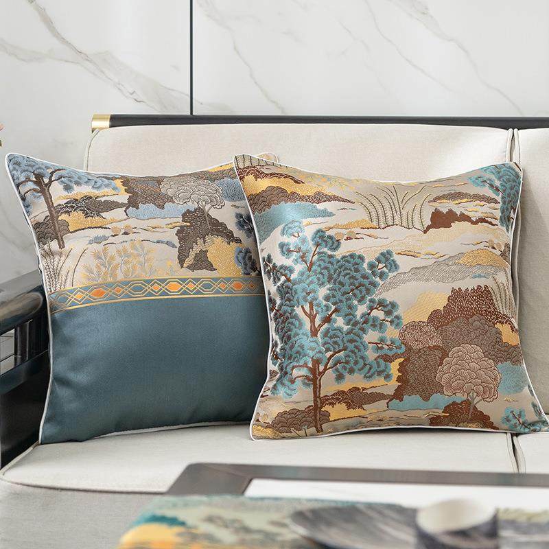 新中式抱枕轻奢高级感国风山水画提花软包靠垫客厅靠枕沙发抱枕套