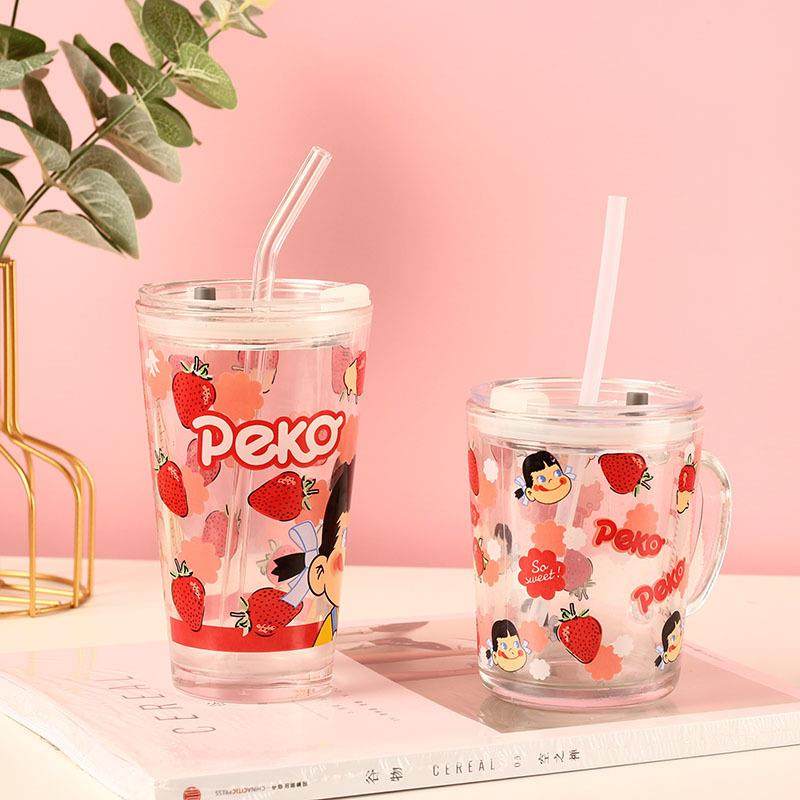 家用密封带盖儿童玻璃吸管杯带刻度带手柄牛奶杯卡通玻璃杯果汁杯