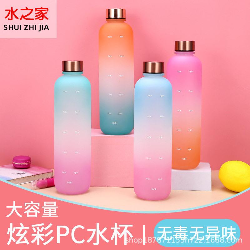 1000ml渐变色太空杯大容量磨砂水杯不锈钢盖塑料杯子户外运动水壶