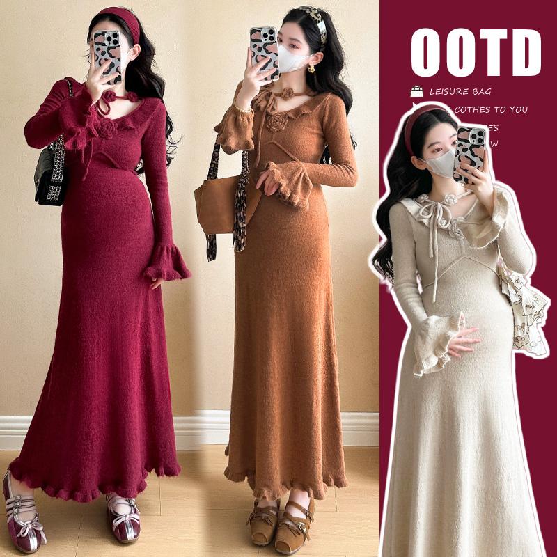 针织长袖连衣裙麦敏儿法式复古V