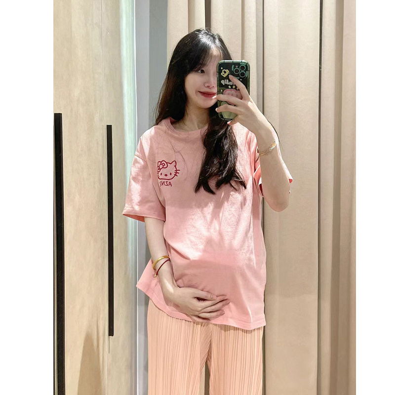 孕妇装夏款2025新款粉色宽松短袖纯棉t恤孕妇衣服上衣夏季薄款t恤