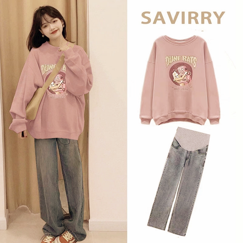 孕妇装秋冬季套装2025新款加绒加厚纯棉卫衣宽松春秋款休闲两件套