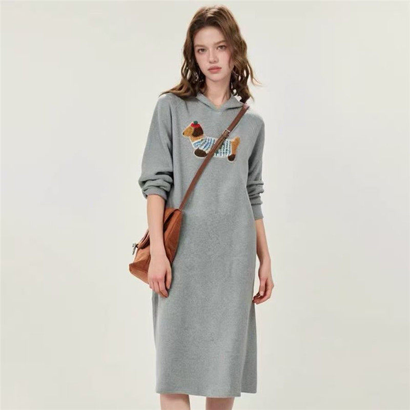 孕妇装过膝中长款纯棉连帽卫衣裙秋冬宽松韩范chic抽绳连帽百搭裙