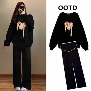 孕妇装秋冬套装加绒卫衣2025新款韩版美式冬装宽松爱心上衣两件套