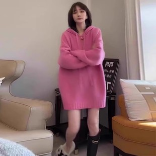 孕妇装秋冬季2025新款韩版针织连帽毛衣裙时尚款加厚连衣裙宽松