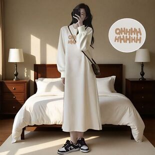 加绒 简约过膝长裙2025字母纯棉休闲不显怀冬季 孕妇长袖 裙子秋季