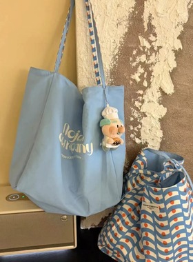 韩系慵懒风帆布包大容量通勤上班外出蓝色单肩托特包包女2025新款