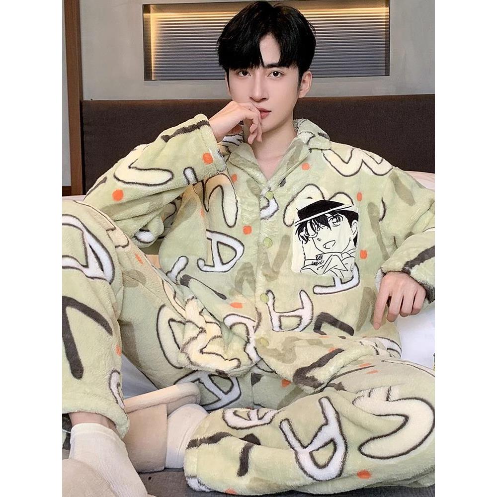 男士睡衣冬季珊瑚绒加绒加厚秋冬款加大码青少年学生大童男生套装