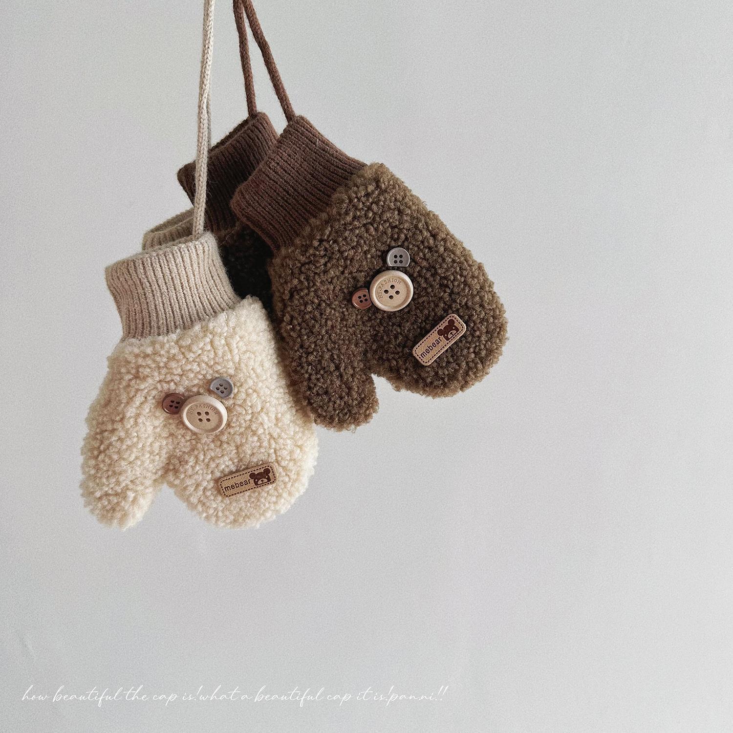 儿童手套冬季男童女宝宝手套ins卡通可爱挂脖羊羔毛