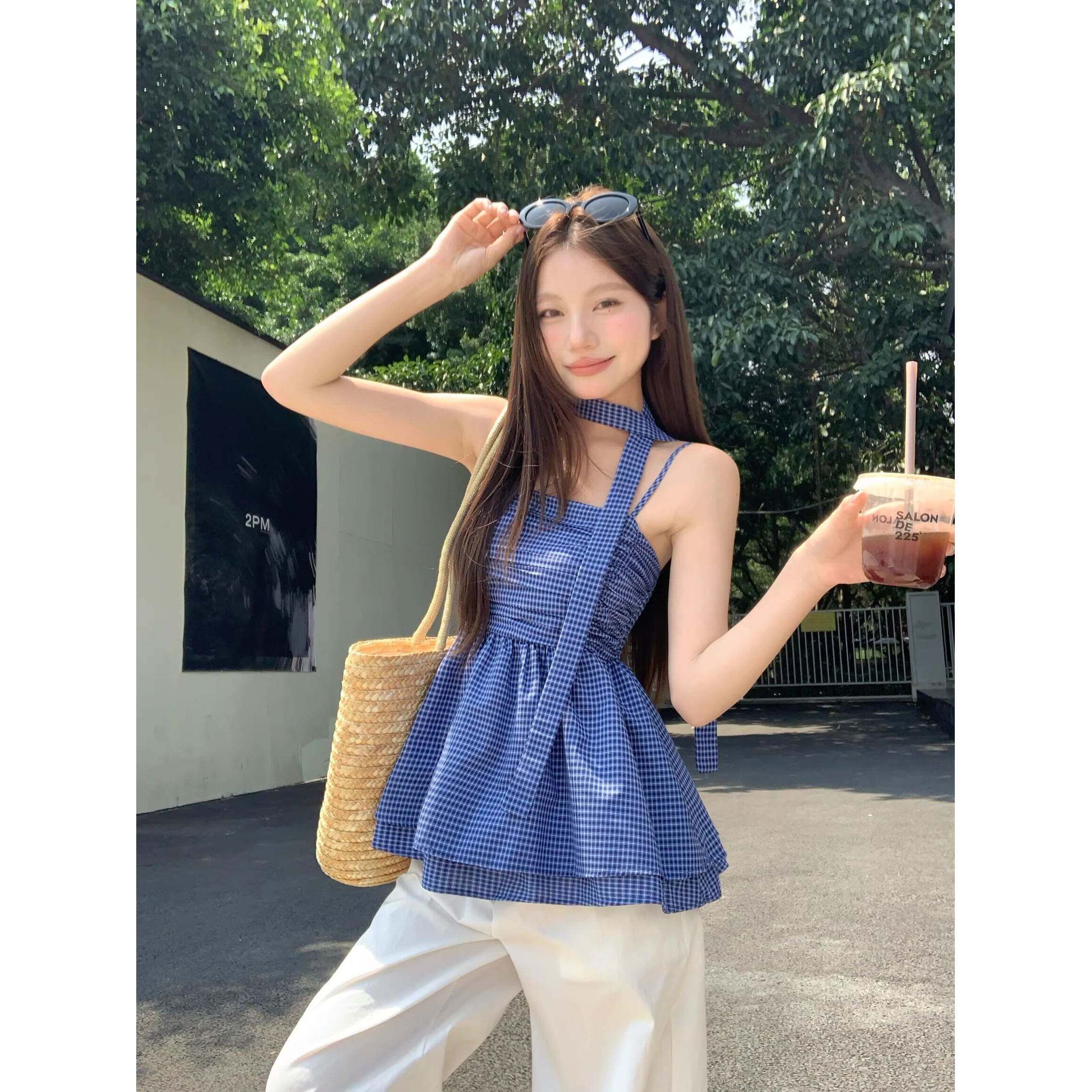 覆古蓝色格子飘带挂脖抹胸背心吊带女夏辣妹收腰海边外穿无袖上衣