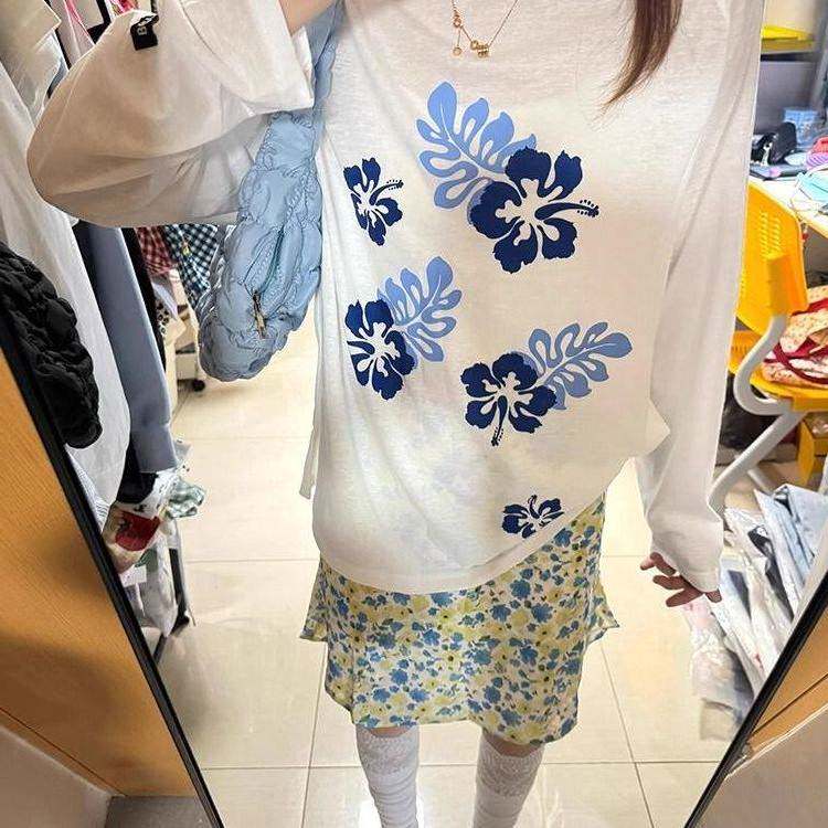 白色花朵印花圆领长袖T恤女夏季微透薄款防晒罩衫慵懒风宽松上衣
