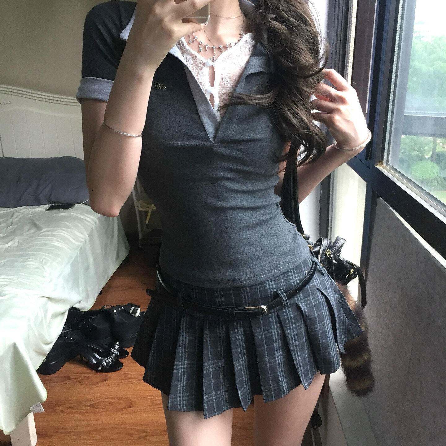 巨好看的夏天套装小个子美式辣妹蕾丝拼接v领T恤上衣百褶裙两件套