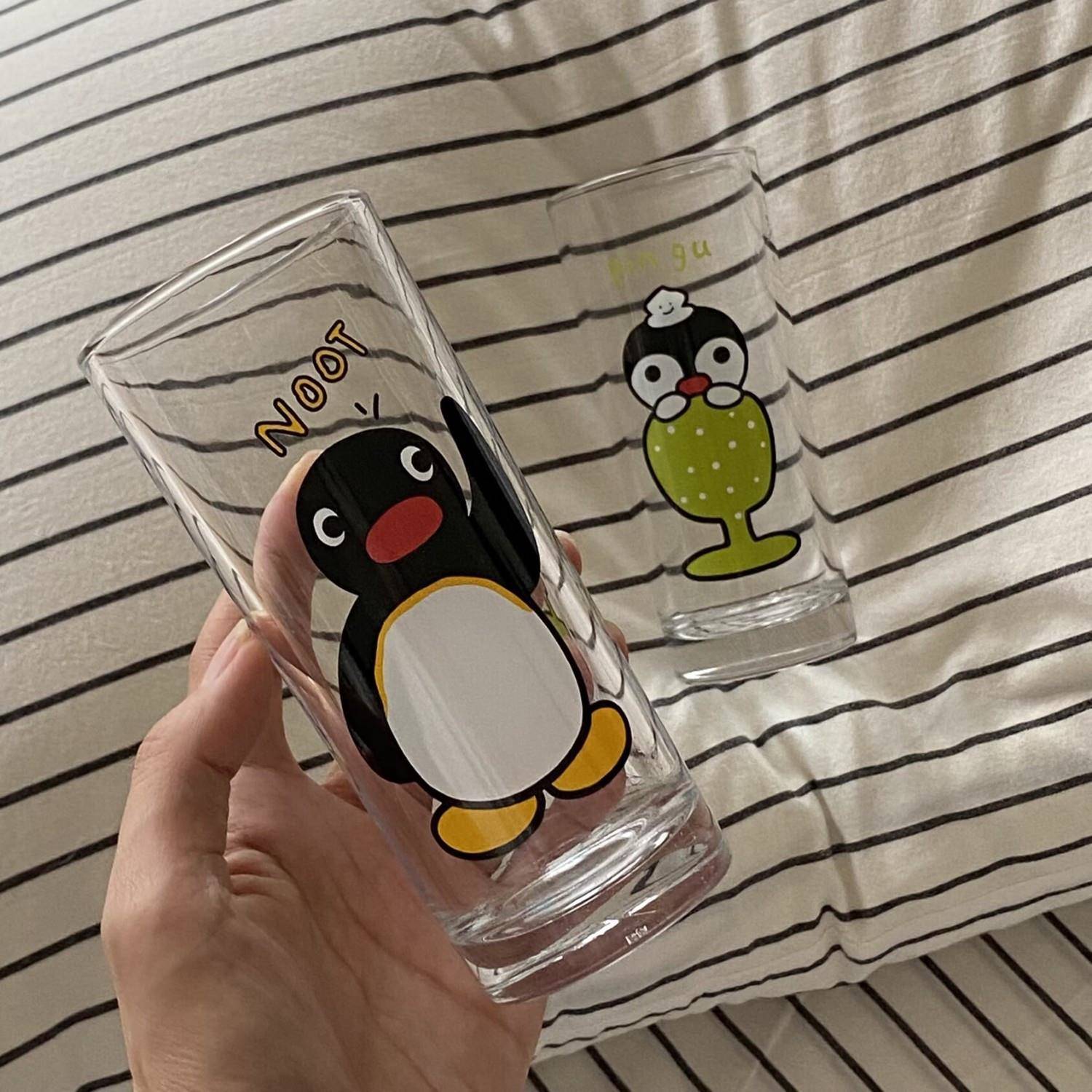 pingu杯子夏季水杯清凉可爱企鹅果汁杯冷饮杯圆筒透明玻璃杯子