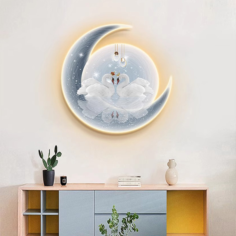 带灯2024新款床头画卧室装饰画天鹅温馨婚房LED氛围灯画高级挂画