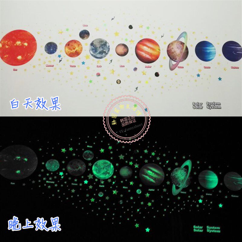 韩国宇宙太阳系星星月亮星球星空夜光贴纸儿童房布置自贴墙贴纸