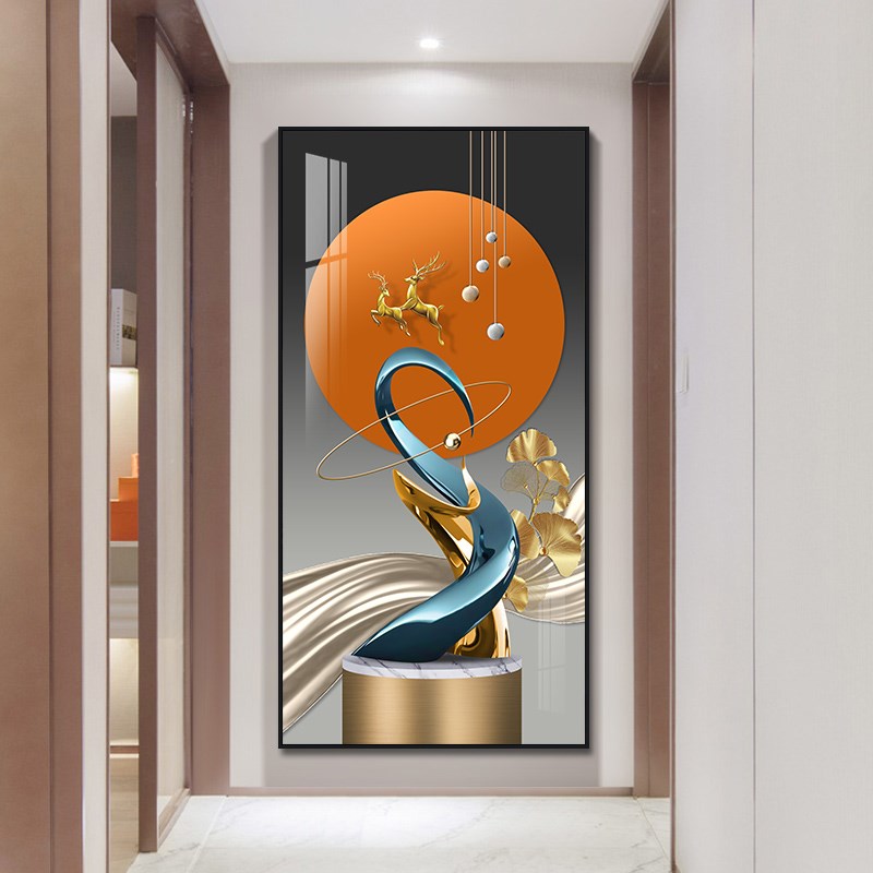 竖版玄关装饰画现代简约走廊过道壁画抽象大气酒店别墅挂画麋鹿画图片