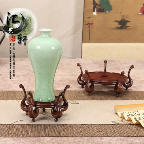 实木新中式东门兰花摆件底座盆景茶壶花瓶鎏金球铜葫芦展示圆木托