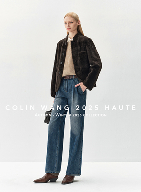 COLINWANG-COLIN JEANS系列|复古设计感双褶裥长绒棉阔腿牛仔裤