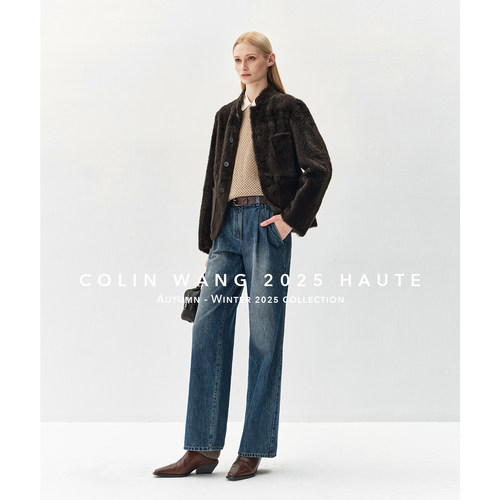 COLINWANG-COLIN JEANS系列|复古设计感双褶裥长绒棉阔腿牛仔裤