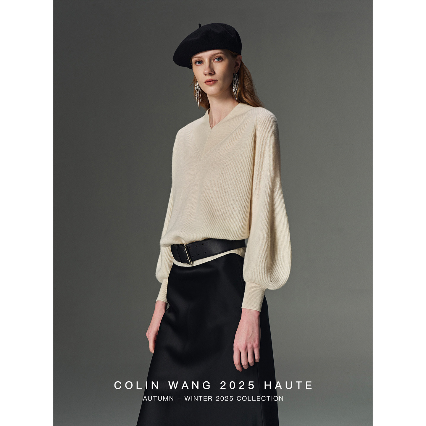 COLINWANG-大地礼赞|内蒙山羊绒设计感灯笼袖优雅气质V领针织衫