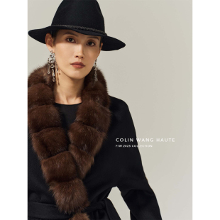 COLINWANG 奢牌同源重磅14μm羊绒紫貂领腰带双面呢大衣 罗马余晖