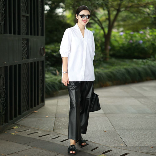 COLINWANG-焰火|进口小羊皮植物鞣制松紧腰摩登直筒皮裤张若愚