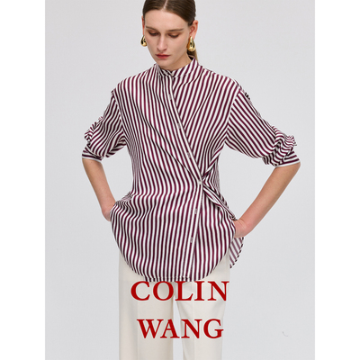 COLIN WANG智慧笔触|奢牌质感真丝复古摩登优雅通勤条纹立领衬衫