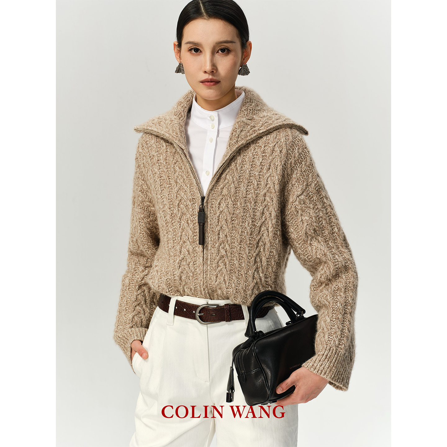 COLINWANG-塞纳左岸|奢牌同源羊绒花纱复古绞花翻领拉链针织开衫