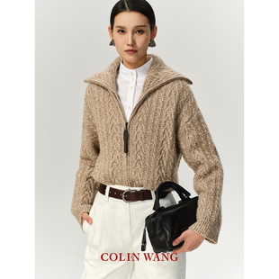 COLINWANG-塞纳左岸|奢牌同源羊绒花纱复古绞花翻领拉链针织开衫