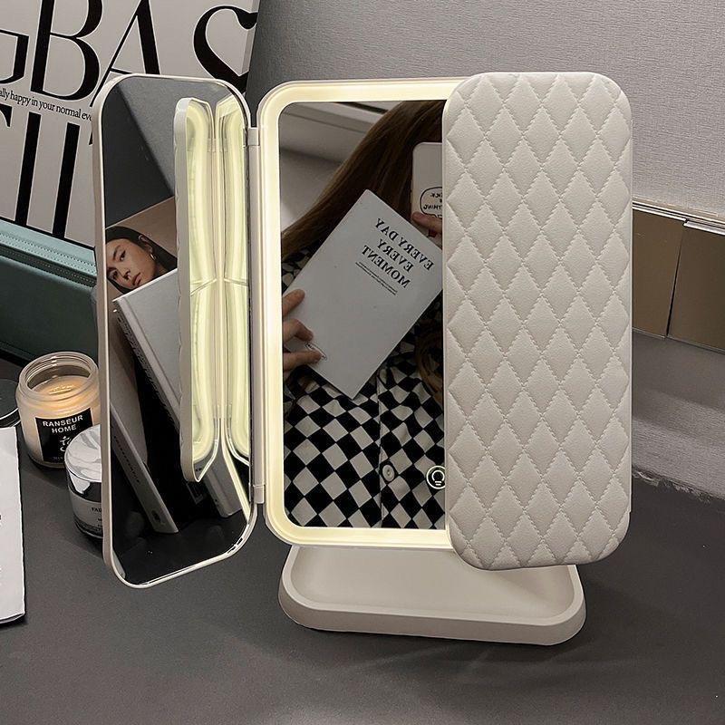 开学宿舍LED带灯台式桌面智能化妆镜可旋转补光三面折叠梳妆镜子