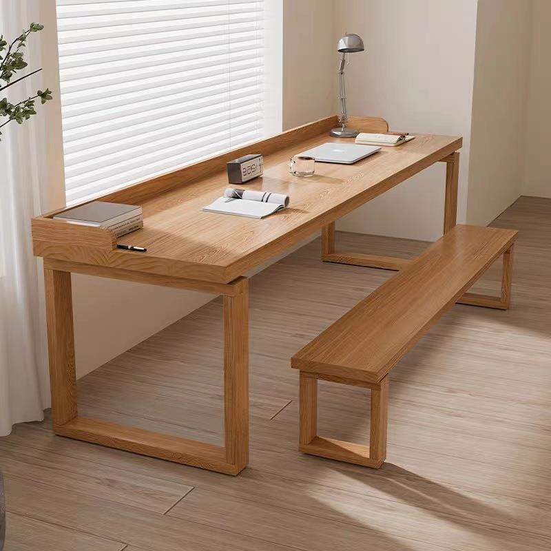 原木风实木书桌带围边家用卧室靠墙电脑桌台式带档板简约写字桌子