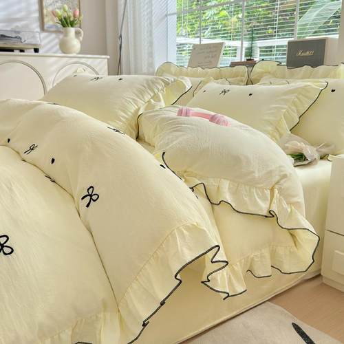 新款简约床笠四件套水洗棉刺绣学生床单三件套枕套四季款床上用品