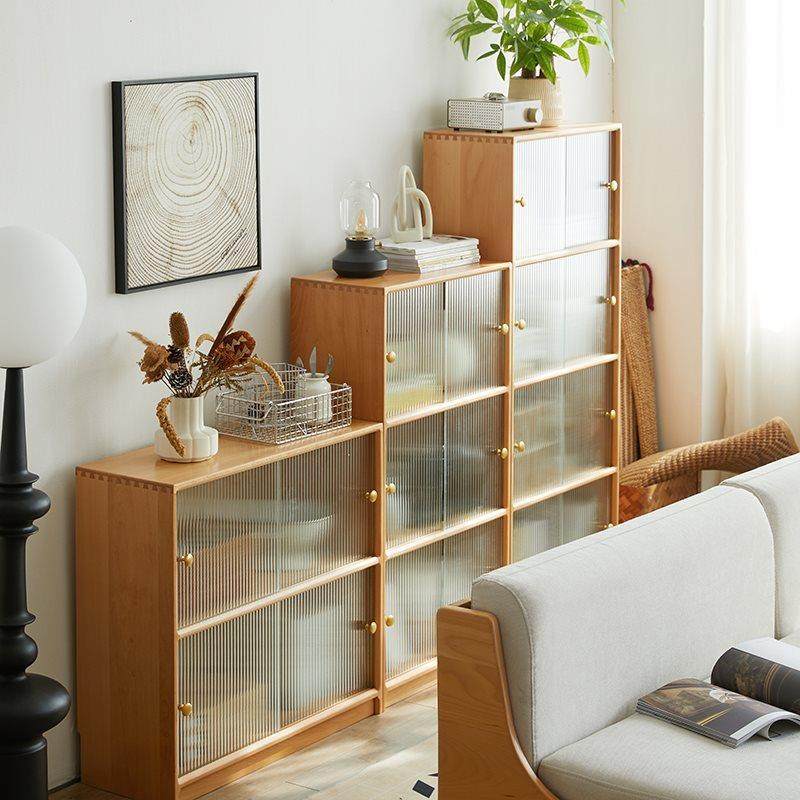 T&实木书柜推拉门带玻璃移门矮柜展示柜收纳柜防尘书架客厅简约榉