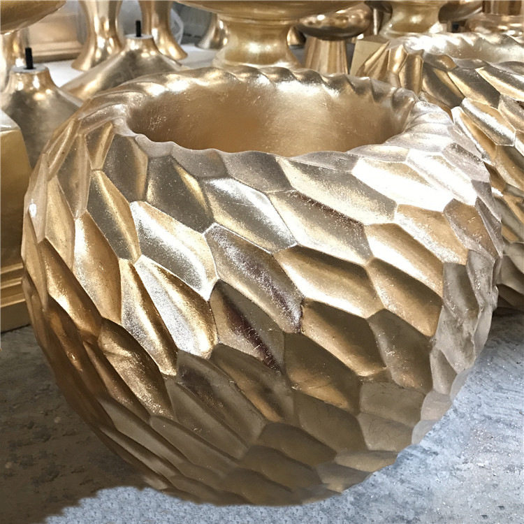 金箔色波纹型玻璃钢球形桌面花瓶公司前台家居酒店台面花艺摆设