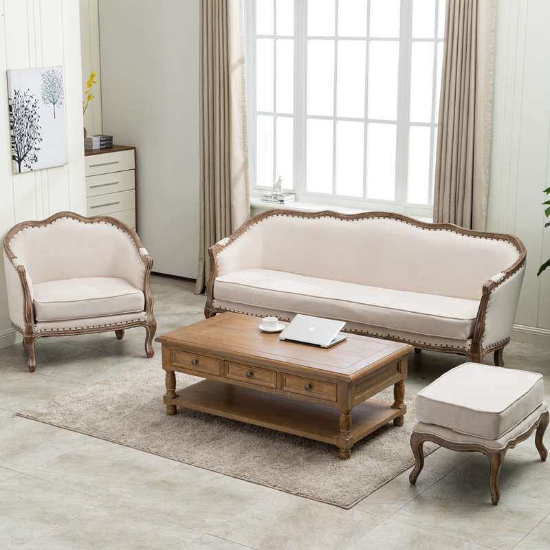 美式乡村复古实木田园轻奢原木欧式客厅休闲单双三人布艺组合沙发