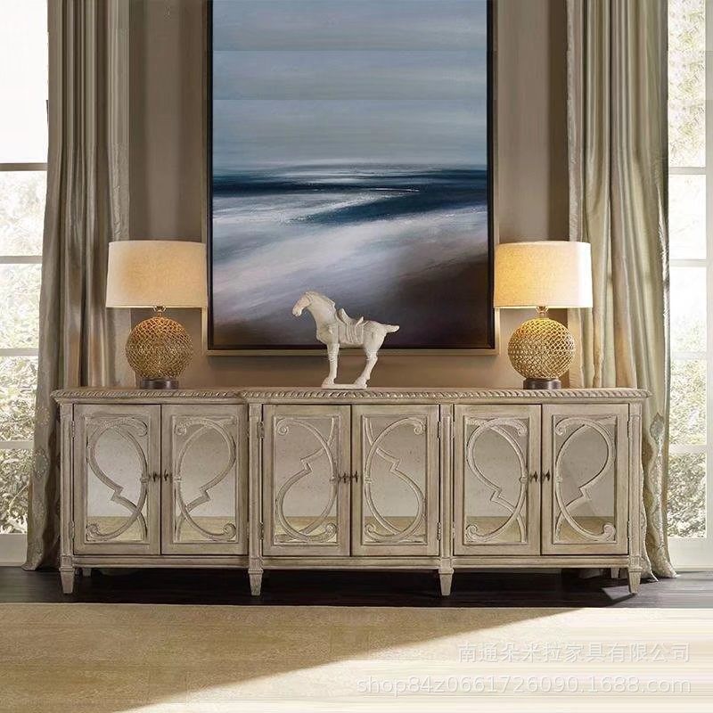 现代美式乡村复古做旧实木橡木电视柜客厅雕花镂空视听柜