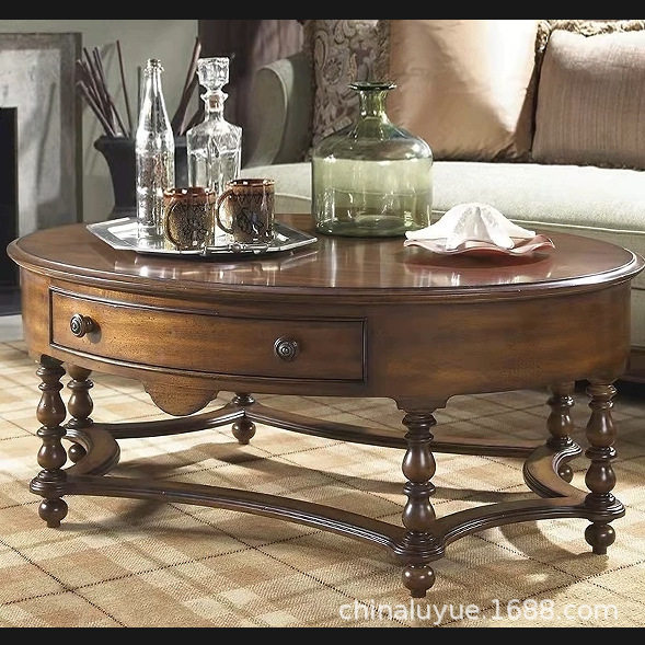 美式乡村实木复古椭圆带抽屉茶几客厅小户型法式茶几沙发边几角几