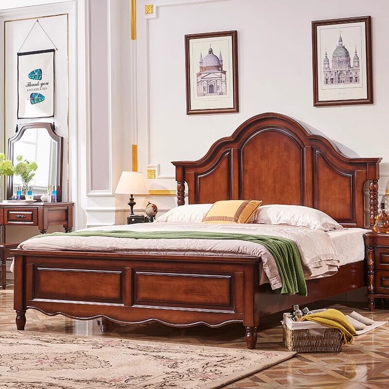 美式乡村罗马柱平床尾简约现代卧室双人气压抽屉高箱橡胶木实木床