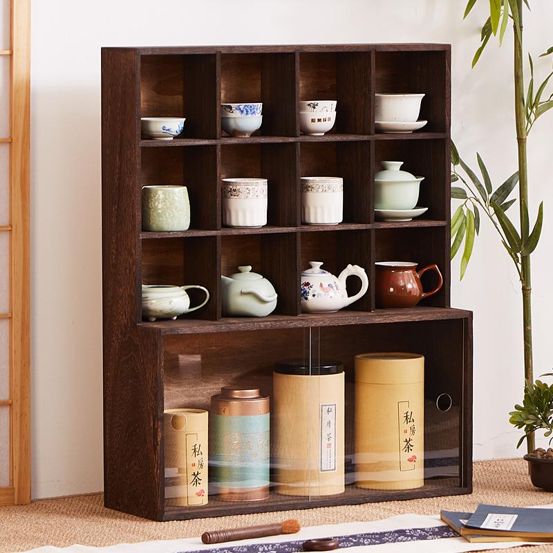 实木桌面博古架多宝阁防尘茶杯茶壶展示架多层格子置物架茶具摆架