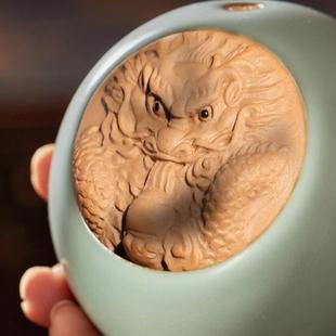 东道汝窑龙年生肖陶瓷功夫茶具茶杯开片可养高档主人杯龙行大运杯