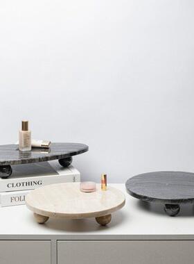 现代简约黄洞石托盘摆件洗手台茶几桌面收纳盘天然大理石装饰品