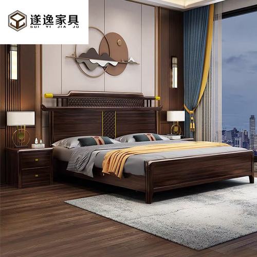 新中式乌金木实木床大气双人床现代简约主卧家具带储物抽屉婚床