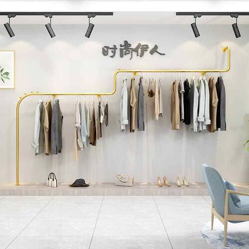 服装店展示架上墙女装货架落地金色陈列墙上童装店挂衣架铁艺轻奢
