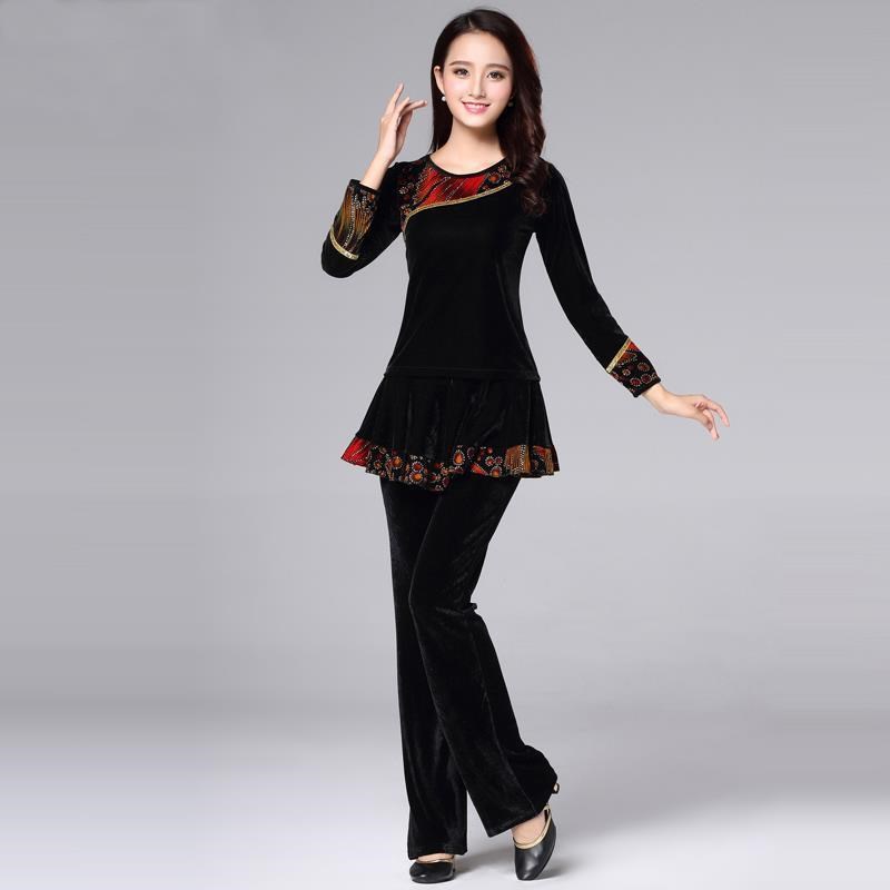广场舞金丝绒舞蹈服套装秋冬季加厚中老年跳舞演出服装秧歌舞短裙