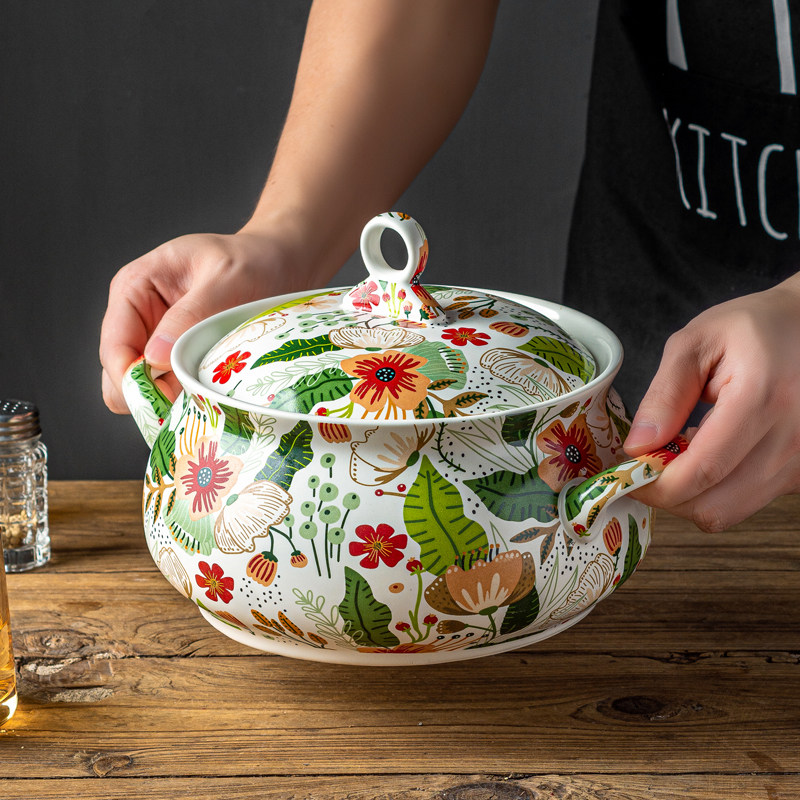 【兮房】七彩云花汤碗大号家用双耳大容量带盖陶瓷新款网红高颜值,餐饮具,碗,淘宝优惠券,粉丝福利购,淘宝优惠卷