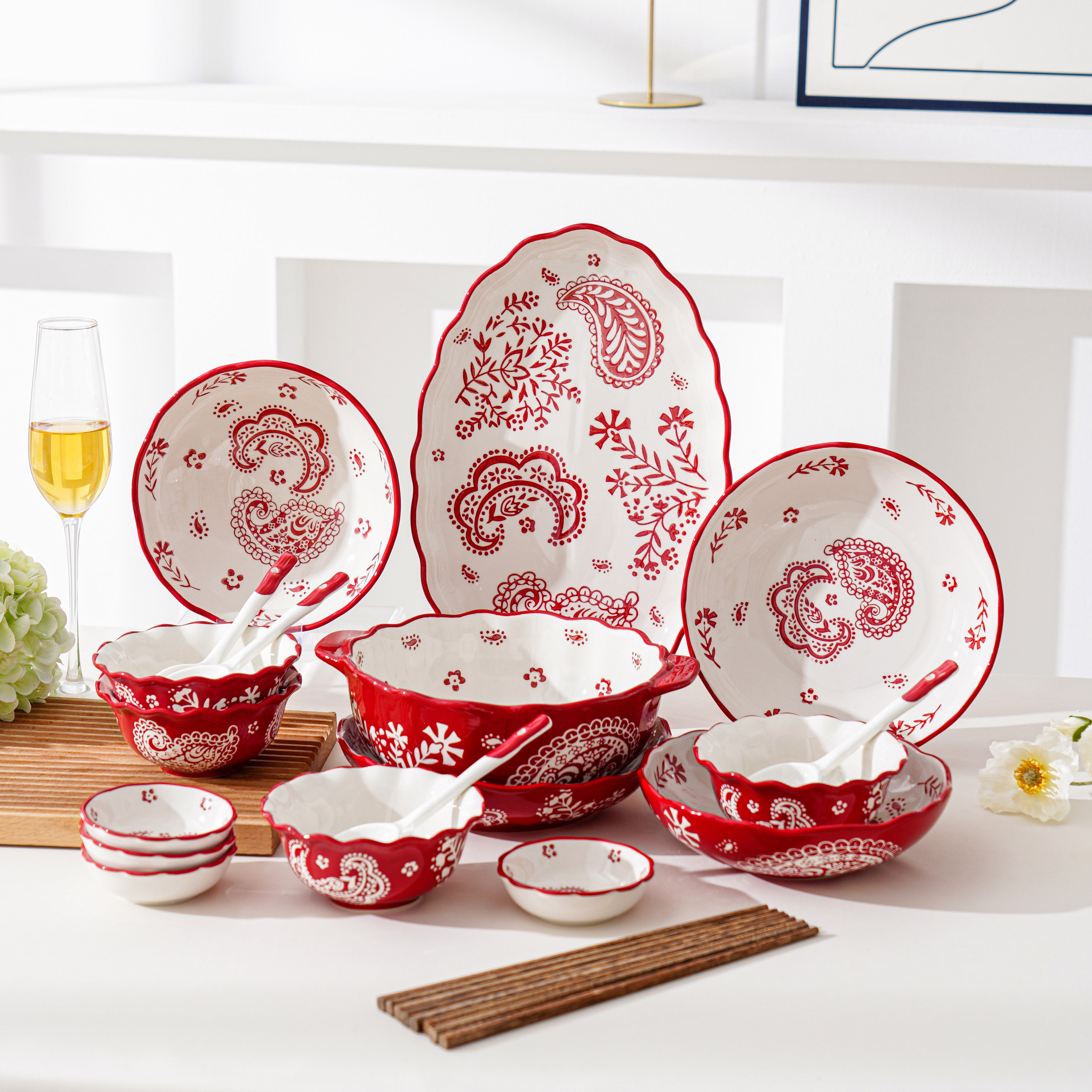 【兮房】月影花餐具碗盘家用套装高颜值乔迁之喜陶瓷釉下彩高级感,餐饮具,餐具瓷器套装,淘宝优惠券,粉丝福利购,淘宝优惠卷