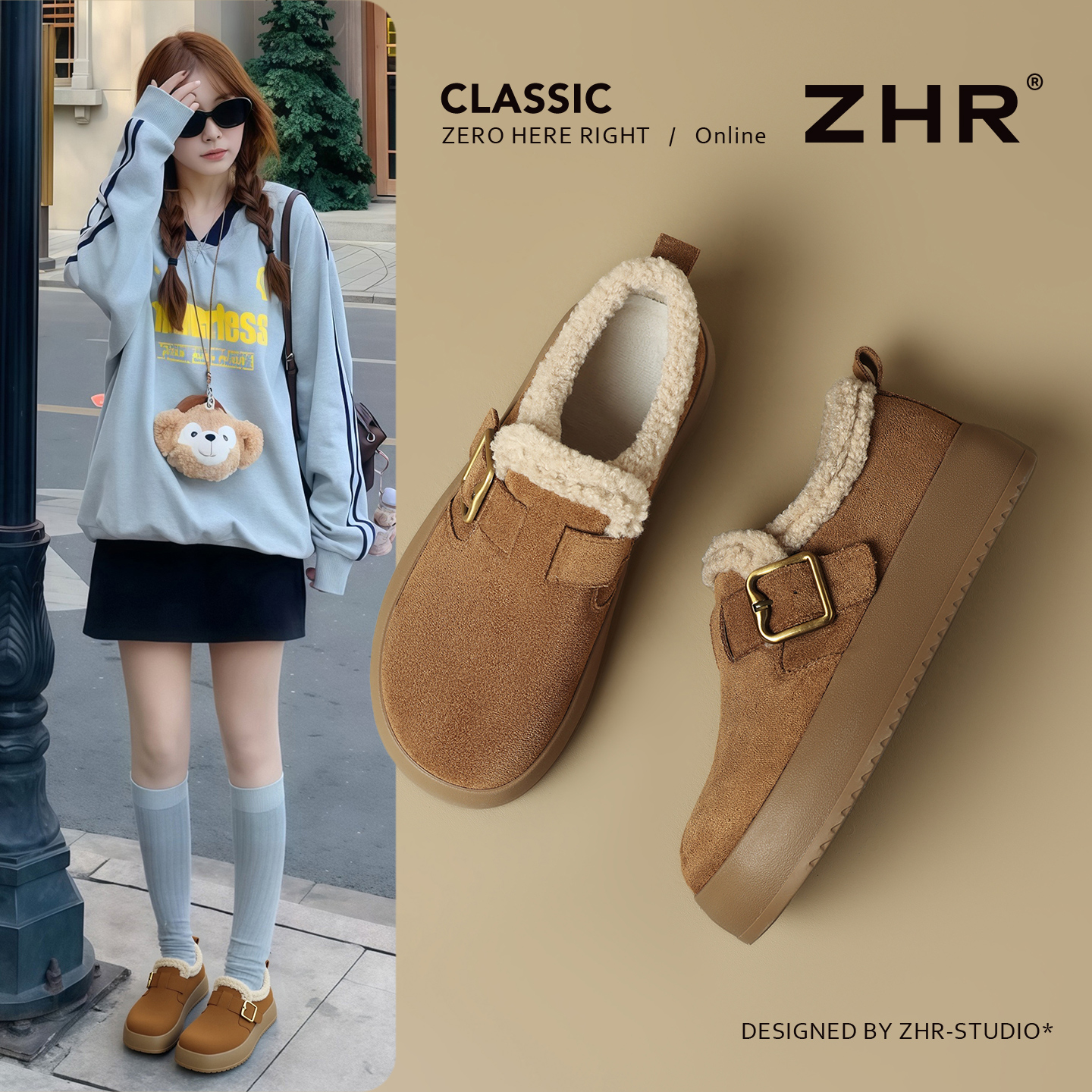 ZHR加绒保暖勃肯鞋女厚底增高