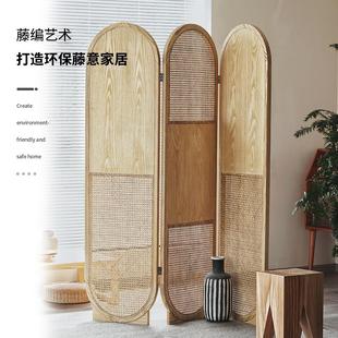 实木屏风藤编落地折叠隔断玄关客厅卧室遮挡家用装 宿藤日式 饰屏风